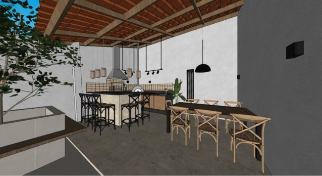 Área de lazer com churrasqueira gourmet e forno de pizza